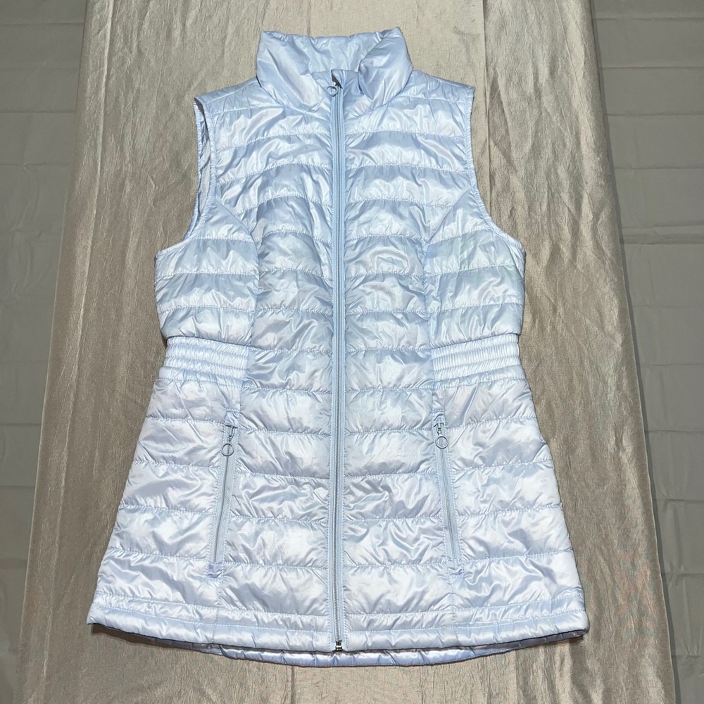 TEEZHER Womens Light Blue Quilted Puffer Vest Smocked Waist Mock Neck Size M